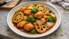 酢鶏風♪鶏むね肉とレンコンの甘酢炒め—ケチャップ入りで酸味まろやか、ご飯が進む